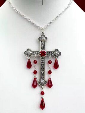 Gothic Vampire Cross Necklace Red Crystal Dangle Pendant Halloween Jewelry